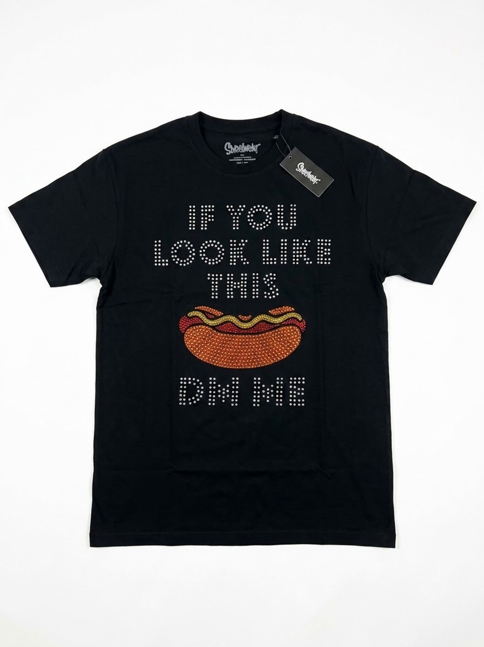 Black Short Sleeve Graphic Tee with Hot Dog Stud Design